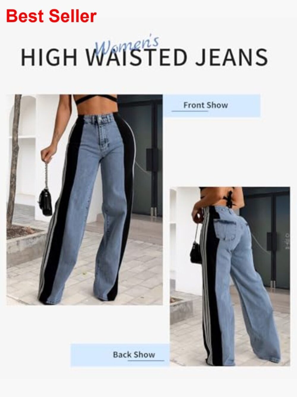 High Waisted Wide Leg Jeans Stretchy Two Tone Denim Pants - Picture 2 of 7